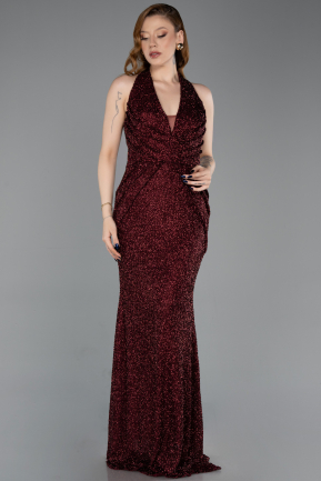 Abendkleid im Meerjungfrau-Stil Lang Perlenbesetzt Weinrot ABU6165