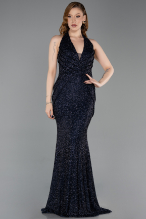 Abendkleid im Meerjungfrau-Stil Lang Perlenbesetzt Marineblau ABU6165