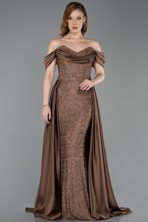 Hellbraun Abendkleid Perlenbesetzt Lang ABU5542