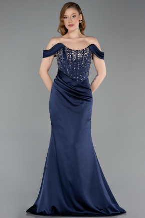 Abendkleid im Meerjungfrau-Stil Lang Satin Marineblau ABU6166