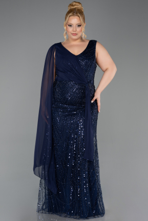 Abendkleid in Übergröße Lang Perlenbesetzt Marineblau ABU6133