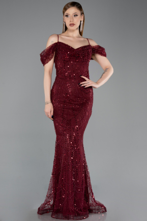 Abendkleid Lang Perlenbesetzt Weinrot ABU6190