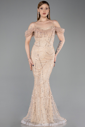 Abendkleid Lang Perlenbesetzt Gold ABU6190