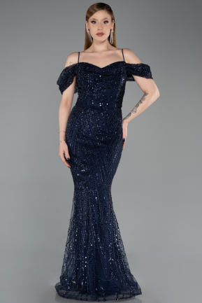 Abendkleid Lang Perlenbesetzt Marineblau ABU6190