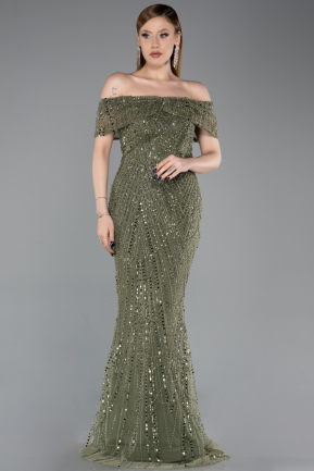 Hell Khaki Abendkleid Perlenbesetzt Lang ABU5694