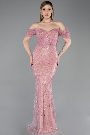 Puder Abendkleid Perlenbesetzt Lang ABU5557