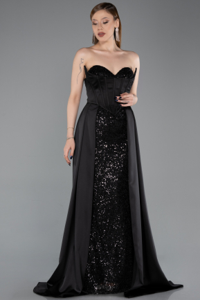 Standesamtkleid Lang Satin Schwarz ABU6193