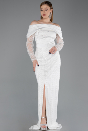 Abendkleid Lang Perlenbesetzt Weiß ABU6186