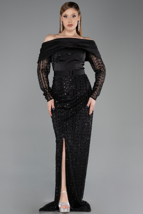 Abendkleid Lang Perlenbesetzt Schwarz ABU6186