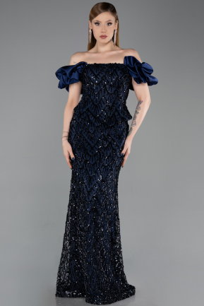 Marineblau Abendkleid İm Meerjungfrau-Stil Schuppig Lang ABU5780