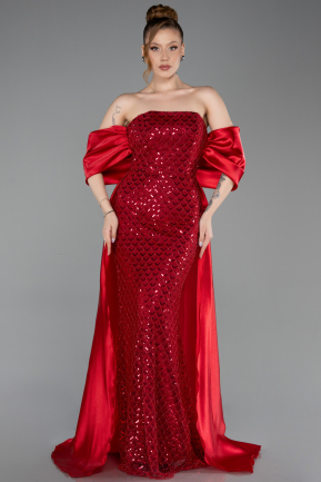 Rot Abendkleid Perlenbesetzt Lang ABU5234