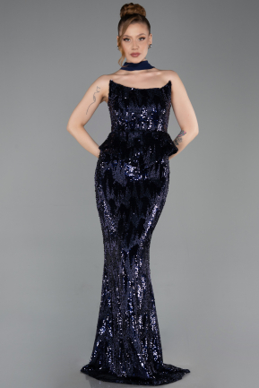 Abendkleid Lang Schuppig Marineblau ABU6202