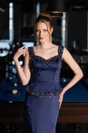 Abendkleid im Meerjungfrau-Stil Lang Satin Marineblau ABU6155