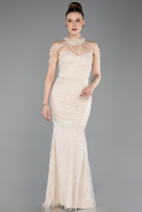 Beige Abendkleid Perlenbesetzt Lang ABU6073