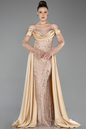 Abendkleid Lang Perlenbesetzt Gold ABU5934