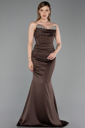 Abendkleid im Meerjungfrau-Stil Lang Satin Braun ABU6222