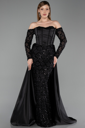 Abendkleid Lang Satin Schwarz ABU6230