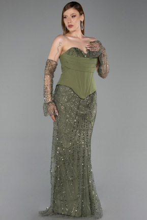 Abendkleid Lang Perlenbesetzt Khaki ABU6232