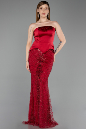 Abendkleid Lang Perlenbesetzt Weinrot ABU6234