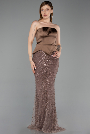 Abendkleid Lang Perlenbesetzt Braun ABU6234