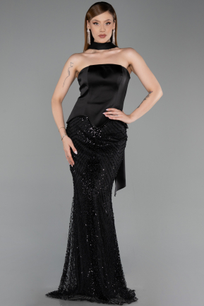 Abendkleid Lang Perlenbesetzt Schwarz ABU6234