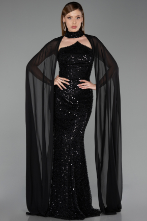 Abendkleid Lang Perlenbesetzt Schwarz ABU6236