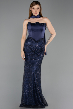 Abendkleid Lang Perlenbesetzt Marineblau ABU6238