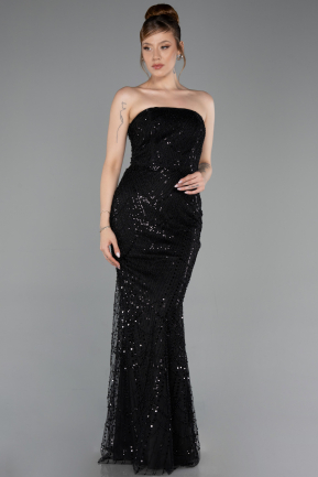 Abendkleid Lang Perlenbesetzt Schwarz ABU6220