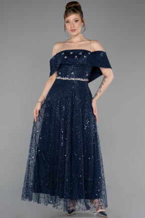 Partykleid Midi Perlenbesetzt Marineblau ABK2639