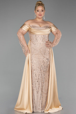 Gold Abendkleid İn Übergröße Perlenbesetzt Lang ABU6093