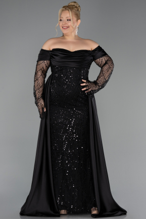 Abendkleid in Übergröße Lang Perlenbesetzt Schwarz ABU6093