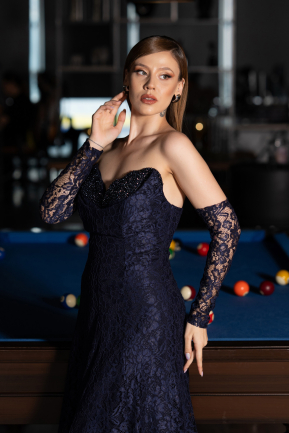 Abendkleid Lang Spitze Marineblau ABU6229
