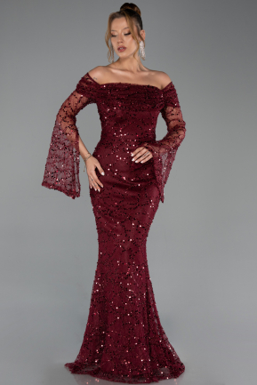 Abendkleid im Meerjungfrau-Stil Lang Schuppig Weinrot ABU5623