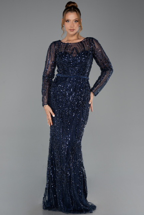 Abendkleid Lang Perlenbesetzt Marineblau ABU5649