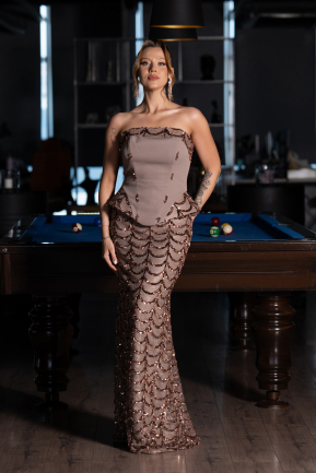 Abendkleid Lang Schuppig Hellbraun ABU5919