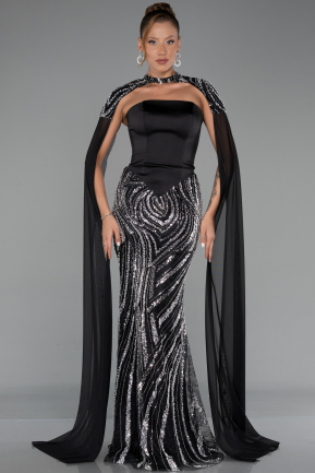 Abendkleid im Meerjungfrau-Stil Lang Perlenbesetzt Schwarz ABU6315