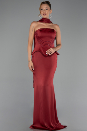 Weinrot Abendkleid İm Meerjungfrau-Stil Satin Lang ABU6086