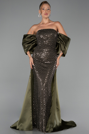 Khaki Abendkleid Perlenbesetzt Lang ABU5169