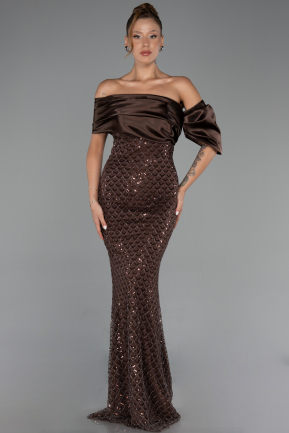 Braun Abendkleid Perlenbesetzt Lang ABU5434