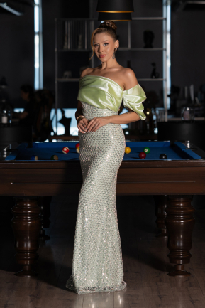 Minzgrün Abendkleid Perlenbesetzt Lang ABU5434