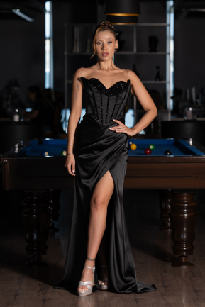 Abendkleid Lang Satin Schwarz ABU6320