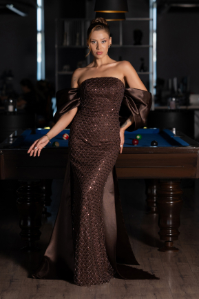 Braun Abendkleid Perlenbesetzt Lang ABU5169