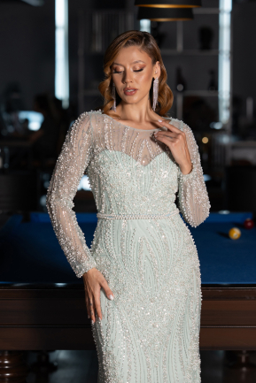 Minzgrün Abendkleid Perlenbesetzt Lang ABU5649
