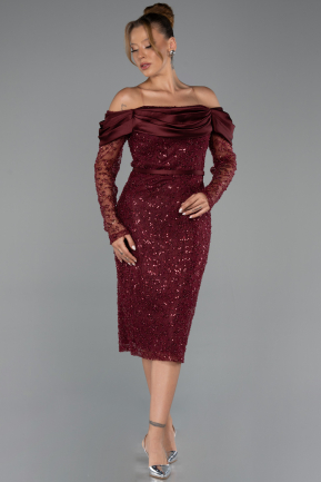 Abendkleid Midi Perlenbesetzt Weinrot ABK2663