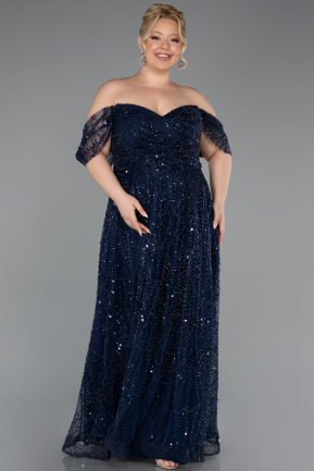 Abendkleid in Übergröße Lang Perlenbesetzt Marineblau ABU6347