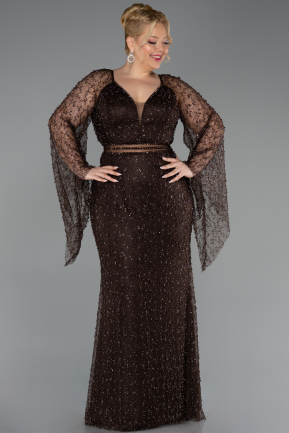 Abendkleid in Übergröße Lang Perlenbesetzt Braun ABU6350