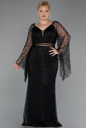 Abendkleid in Übergröße Lang Perlenbesetzt Schwarz ABU6350