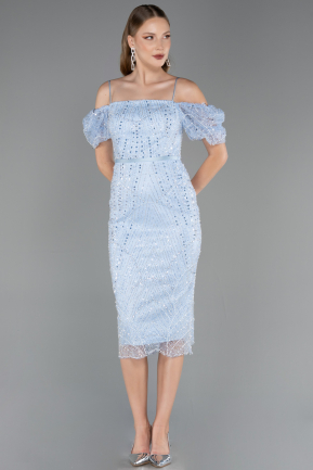 Partykleid Midi Perlenbesetzt Eisblau ABK2667