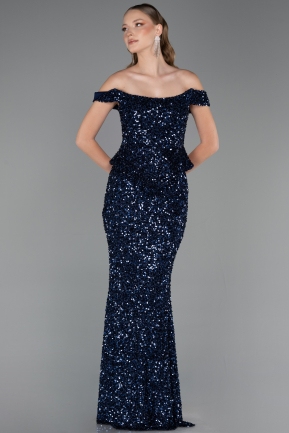 Abendkleid Lang Schuppig Marineblau ABU6359