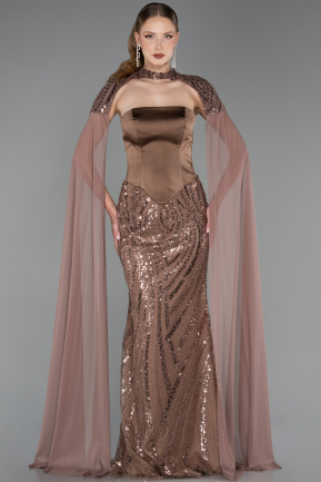 Abendkleid im Meerjungfrau-Stil Lang Perlenbesetzt Braun ABU6315
